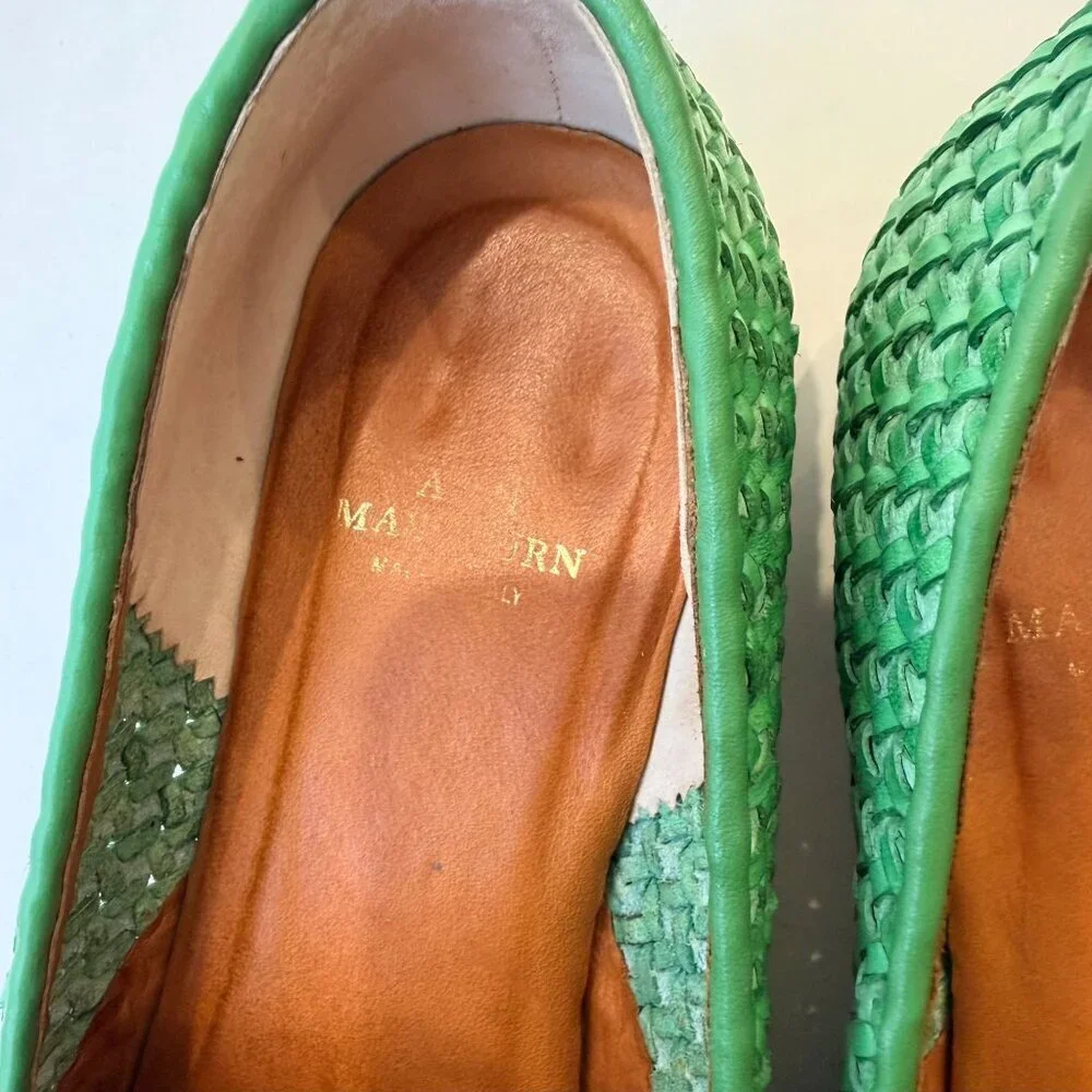 Ann Marshburn Woven Leather Tassel Loafers Green Size 40